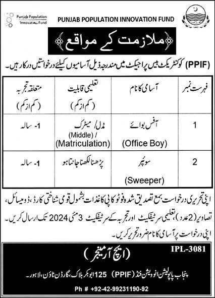 Punjab Population Innovation Fund PPIF Lahore Jobs 2024 – Population Welfare Department Punjab Jobs 2024 — original advertisement