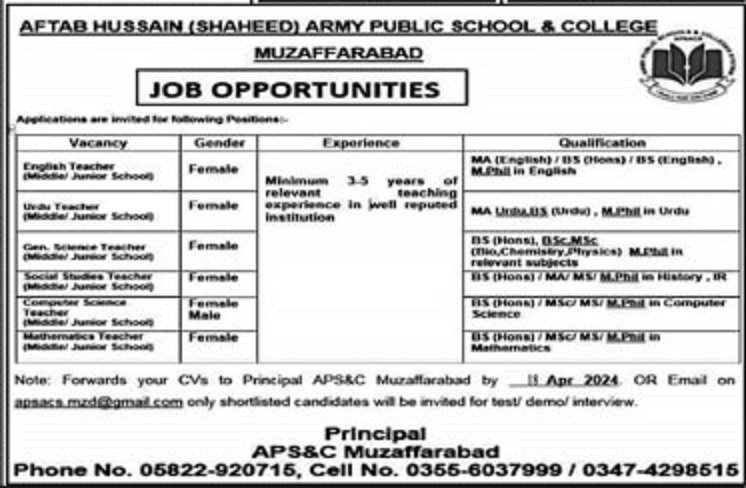 Aftab Hussain Army Public School & College Jobs 2024 Jobs 2024 — original advertisement