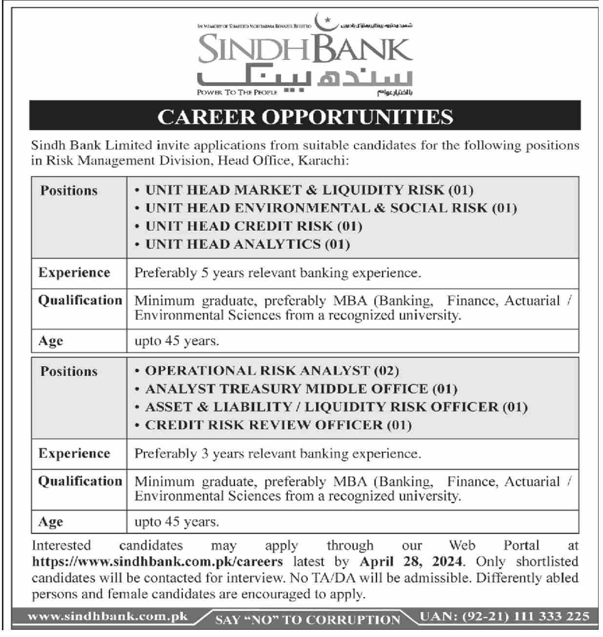 Sindh Bank Karachi Sindh Jobs 2024 Jobs 2024 — original advertisement