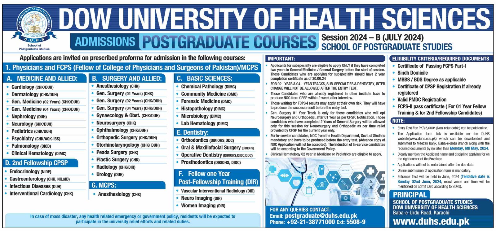 Admissions Open in Dow University of Health Sciences – Dow University of Health Sciences Karachi Admissions 2024 — original advertisement
