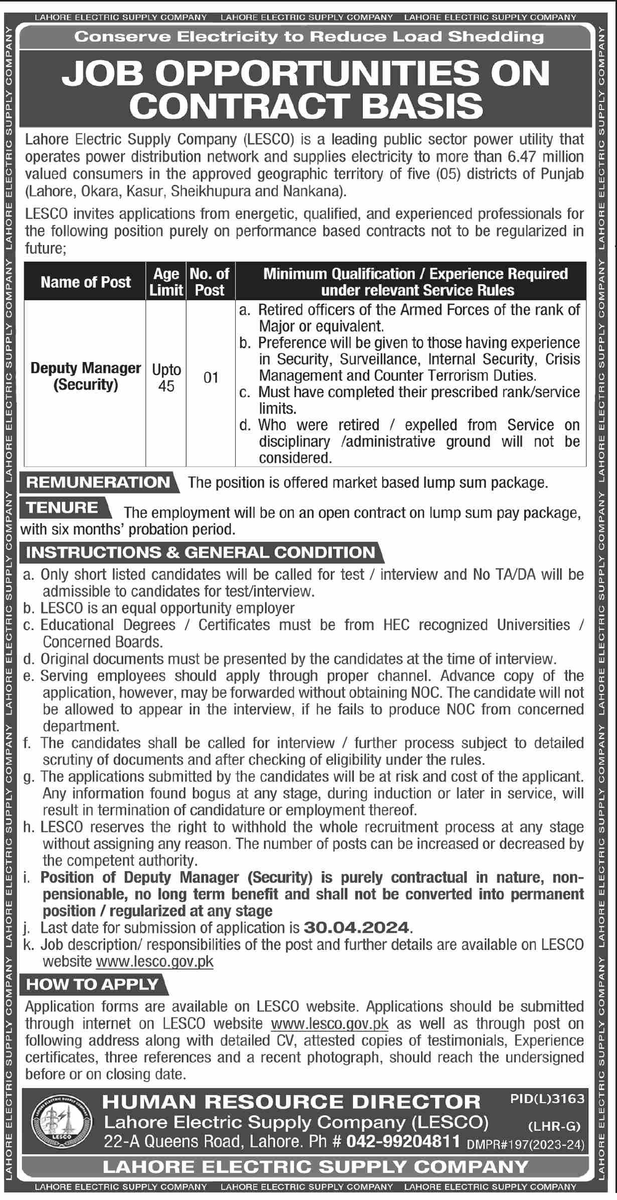 Lahore Electric Supply Company LESCO Lahore Punjab Jobs 2024 Jobs 2024 — original advertisement