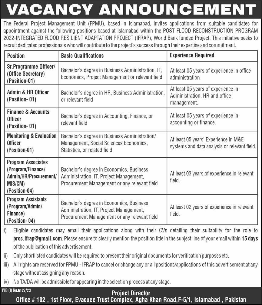 The Federal Project Management Unit Islamabad Jobs 2024 – Federal Government Organization Jobs 2024 — original advertisement