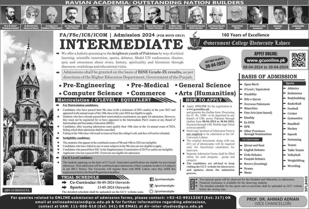 Admission Open in Government College University Lahore 2024 Admissions 2024 — original advertisement