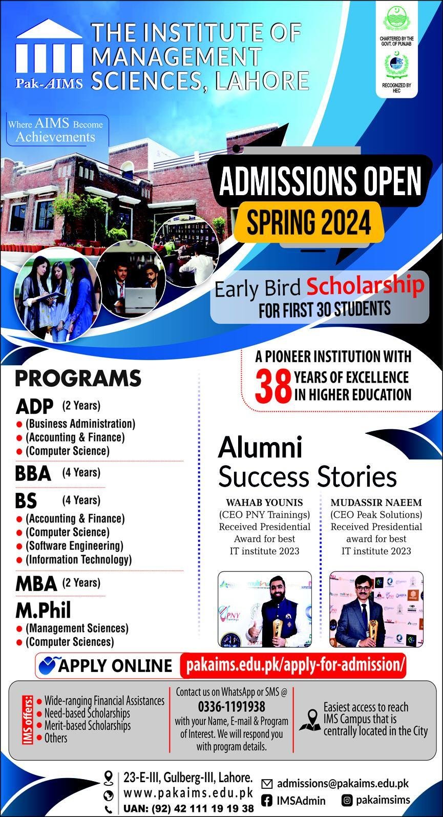 Admissions Open in Institute of Management Science Lahore – Institute of Management Sciences Lahore Admissions 2024 — original advertisement