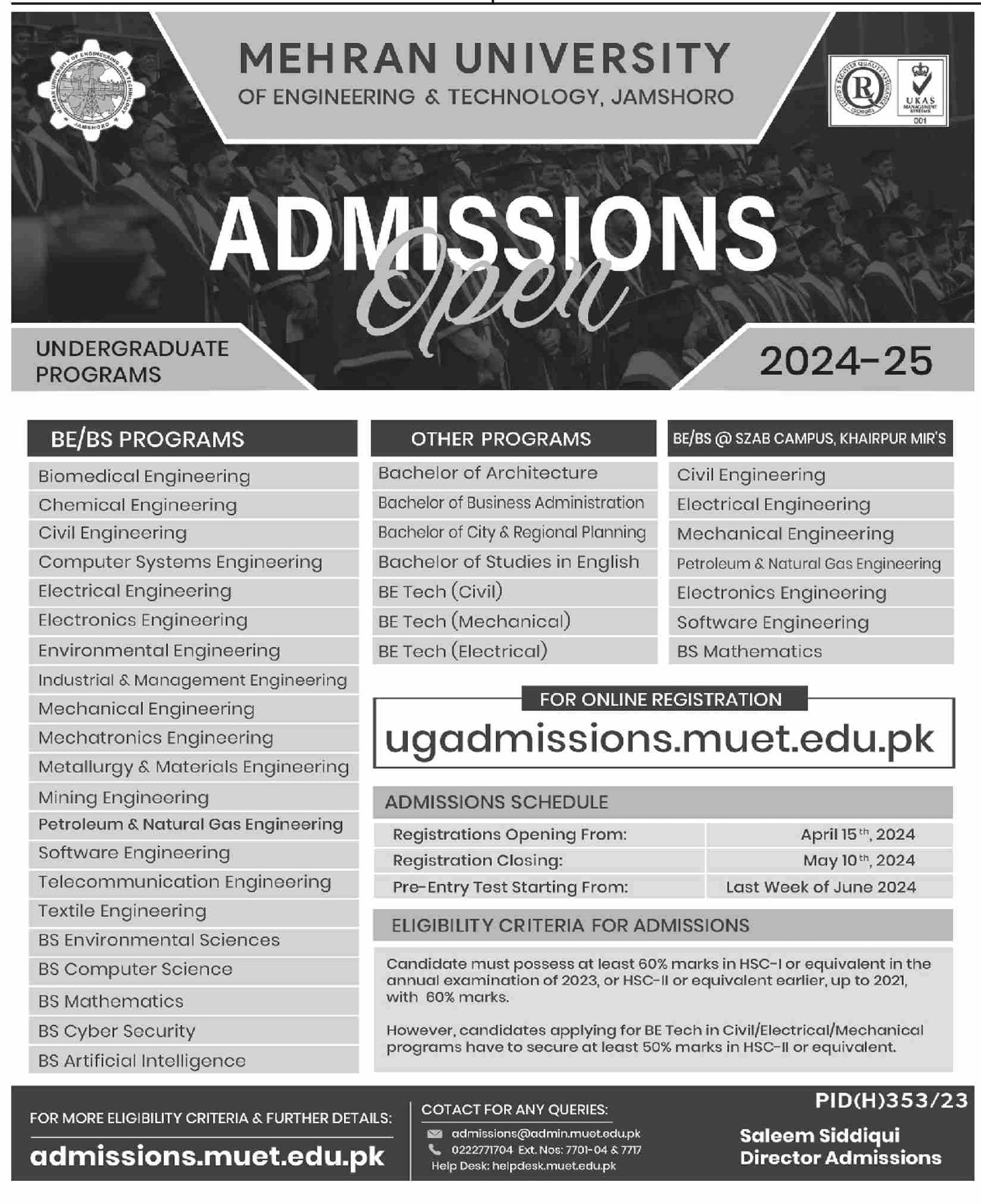 Admissions Open in Mehran Univerisy of Engineering 2024 – Mehran University of Engineering & Technology Jamshoro Admissions 2024 — original advertisement