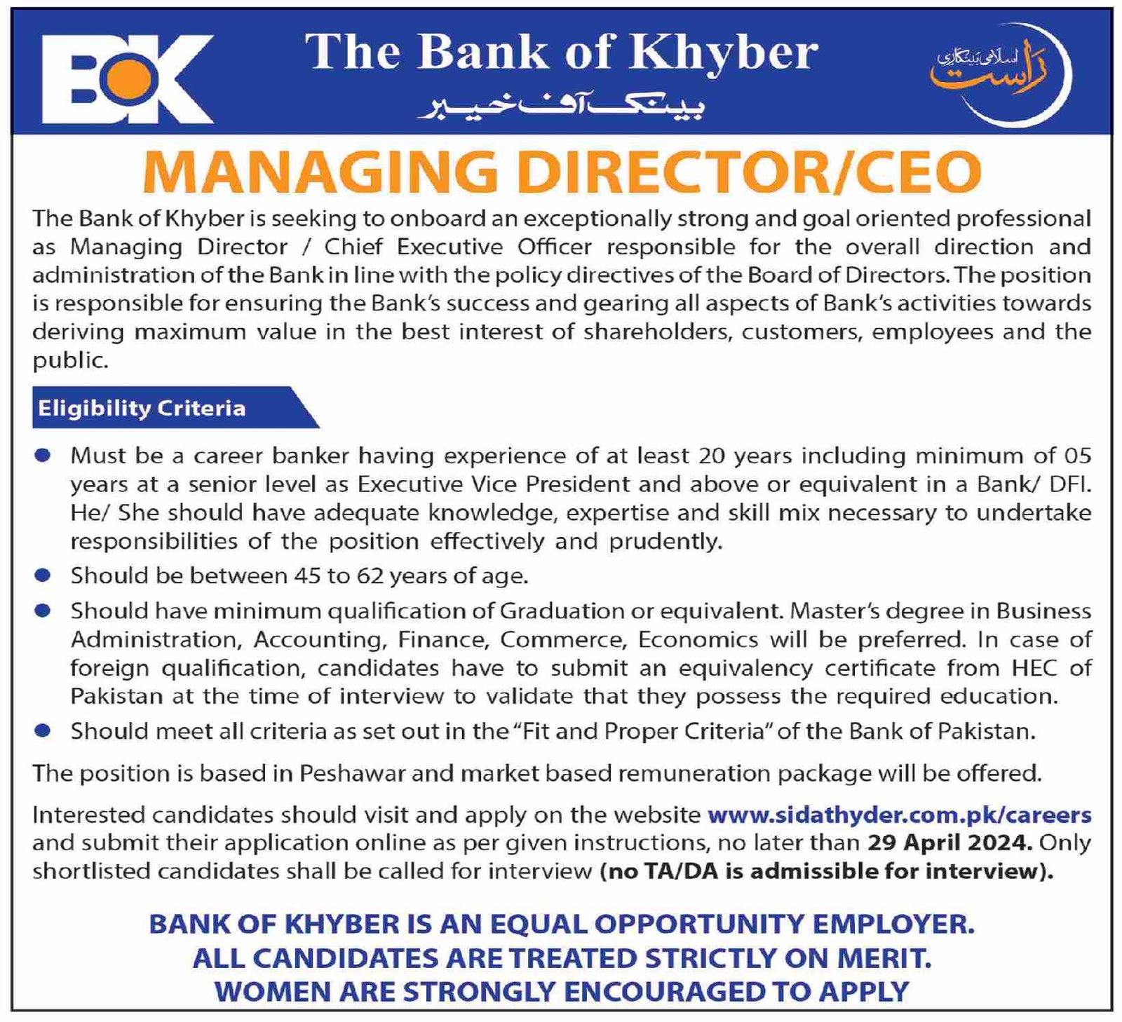 The Bank of Khyber BOK  Peshawar Jobs 2024 Jobs 2024 — original advertisement