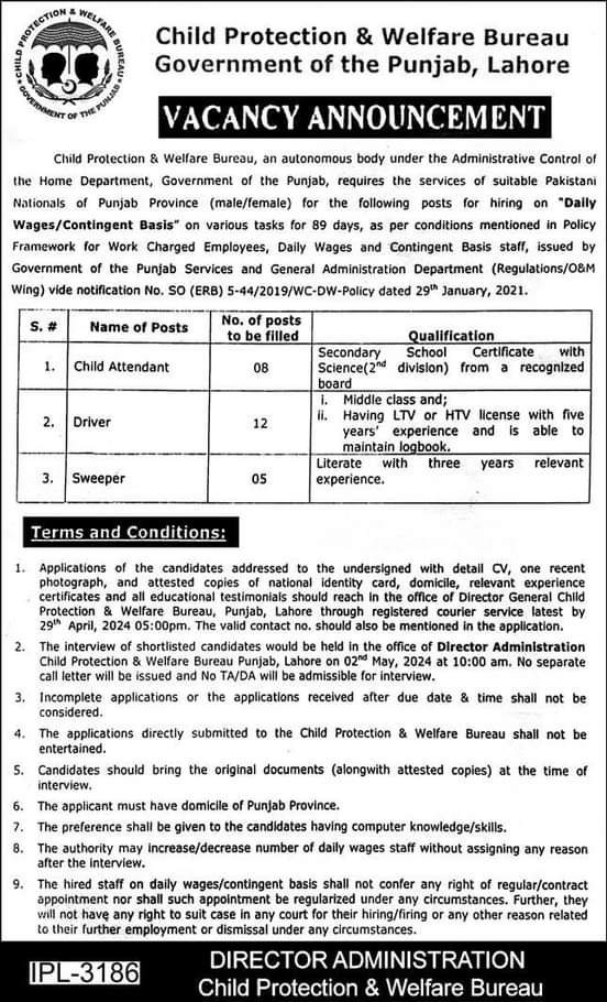 Child Protection & Welfare Bureau Lahore Jobs 2024 – Govt of Punjab Jobs 2024 — original advertisement