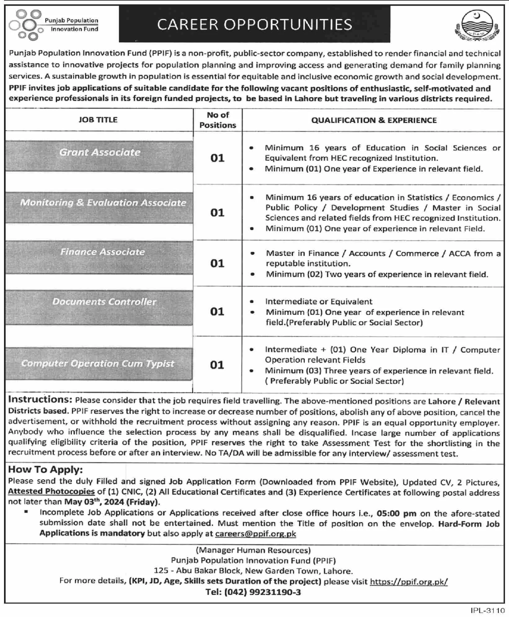 Punjab Population Innovation Fund PPIF Jobs 2024 – Govt of Punjab Jobs 2024 — original advertisement