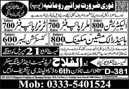 Hydraulic Machine Mechanic & Construction Labor Jobs 2024 – Al Falah Trade Test Jobs 2024 — original advertisement