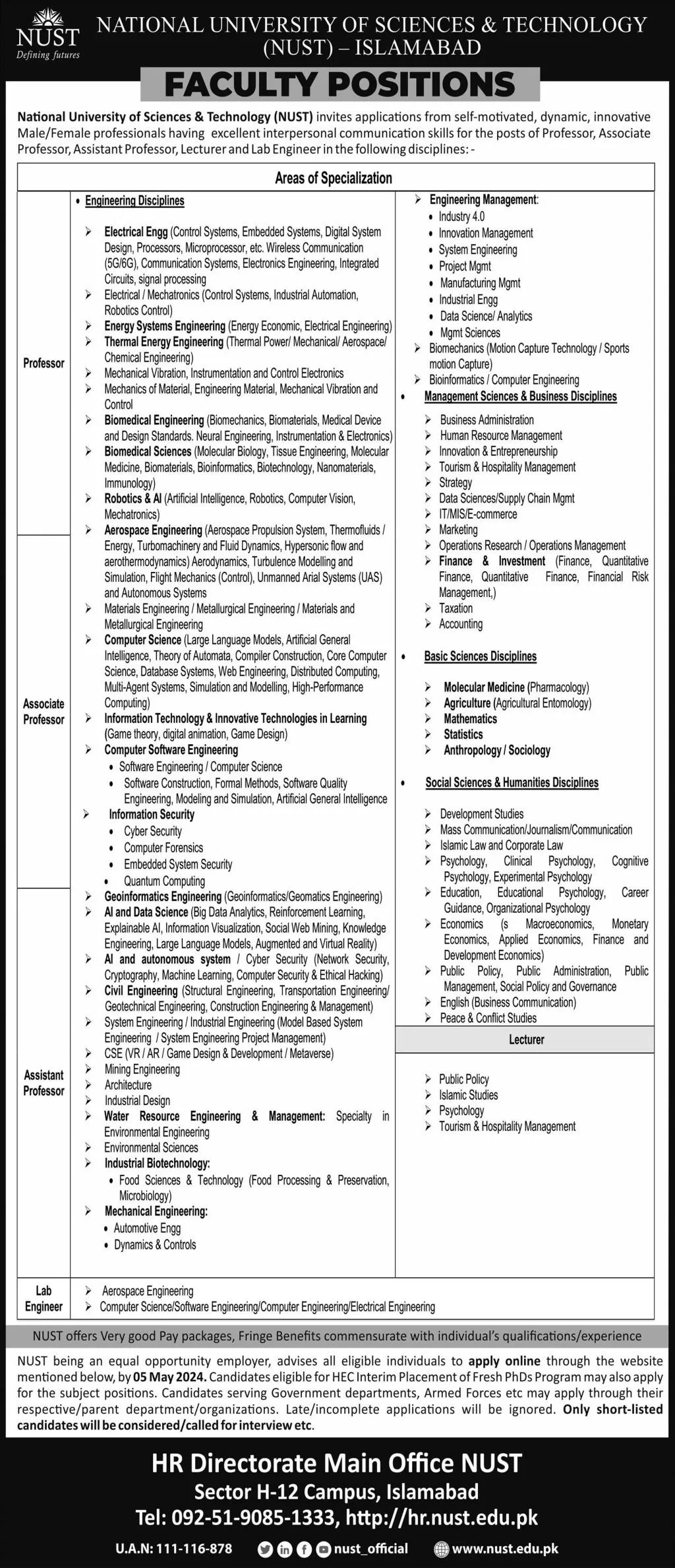National University of Science & Technology NUST Jobs 2024 – National University of Science & Technology Islamabad Jobs 2024 — original advertisement