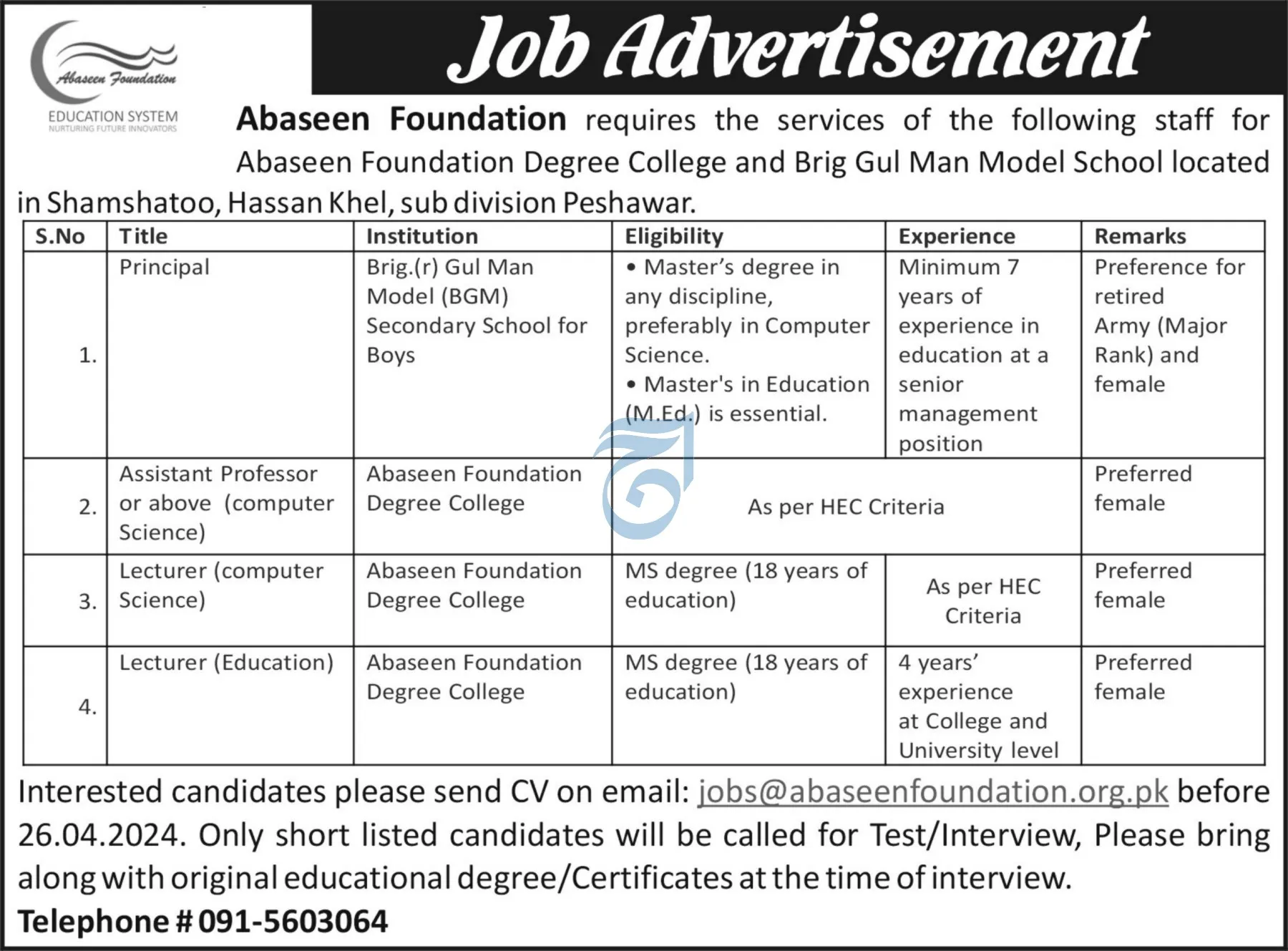 Abaseen Foundation Degree College Peshawar Jobs 2024 Jobs 2024 — original advertisement