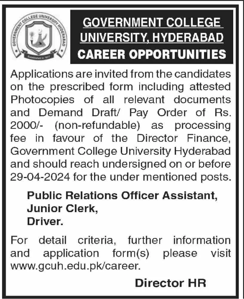 Government College University Hyderabad Jobs 2024 – GC University Hyderabad Jobs 2024 — original advertisement