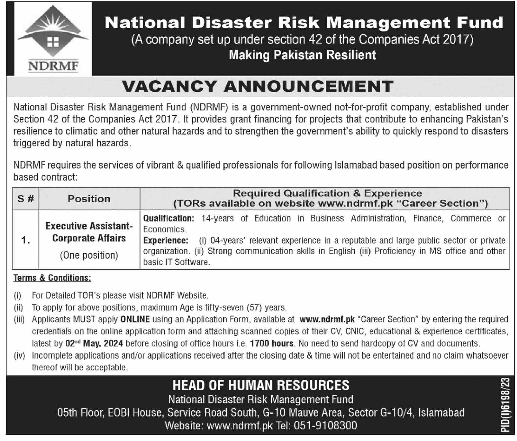 National Disaster Risk Management Fund NDRMF Job 2024 – National Disaster & Risk Management Fund Jobs 2024 — original advertisement