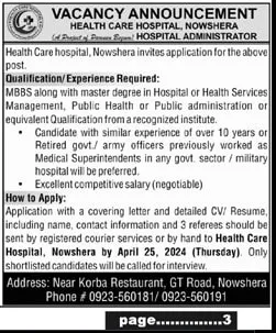 Health Care Hospital Nowshera Job 2024 – Health Department KPK Jobs 2024 — original advertisement