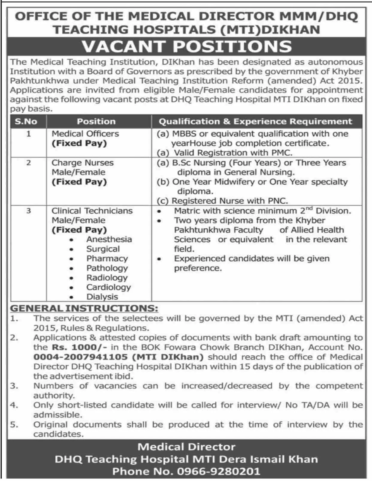 DHQ Teaching Hospital Dera Ismail Khan Jobs 2024 – DHQ Teaching Hospital MTI Dera Ismail Khan Jobs 2024 — original advertisement