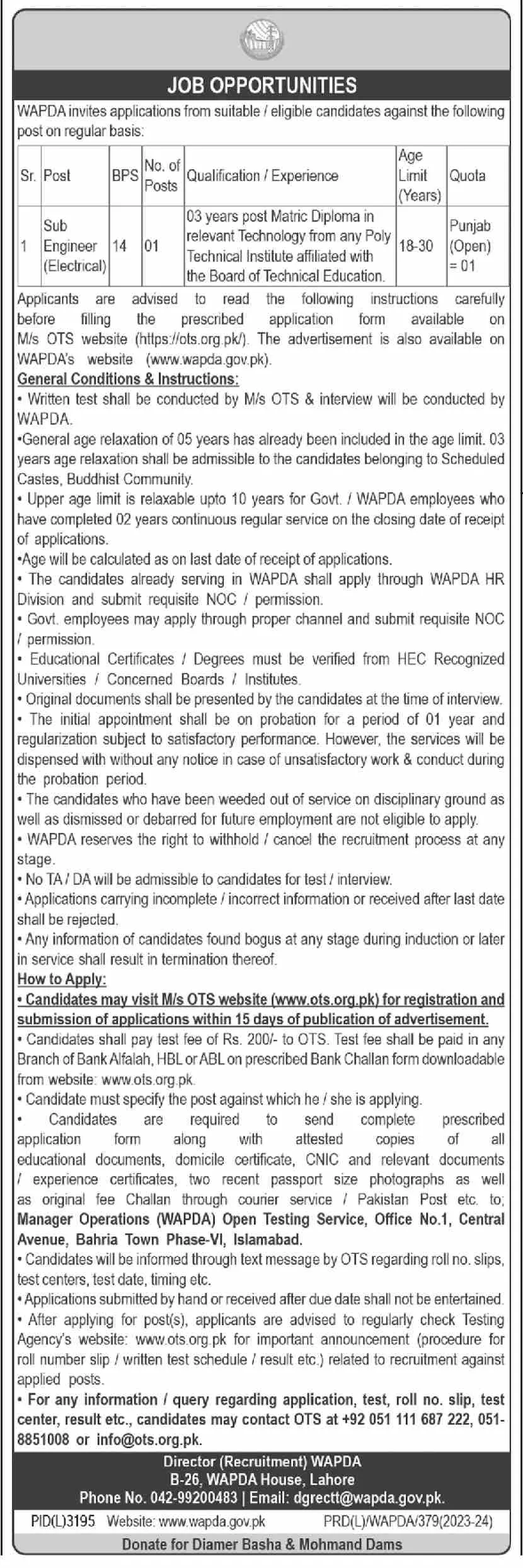 Water And Power Development Authority WAPDA Lahore Job 2024 Jobs 2024 — original advertisement