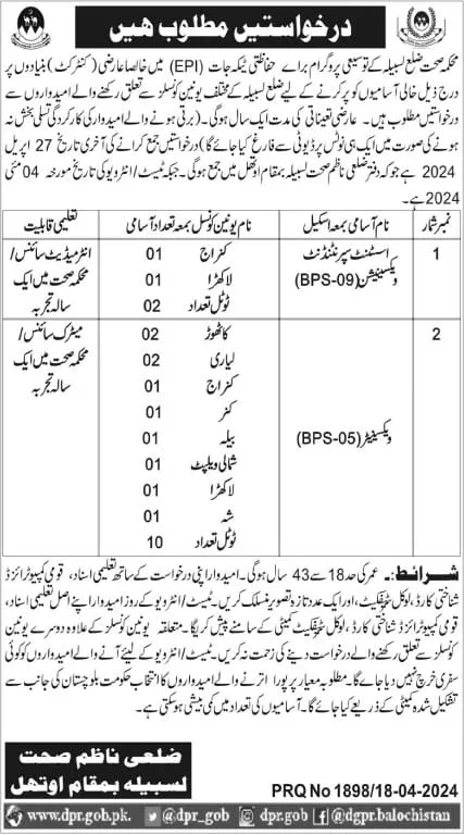 Health Department district Lasbela Jobs 2024 – Health Department Balochsitan Jobs 2024 — original advertisement