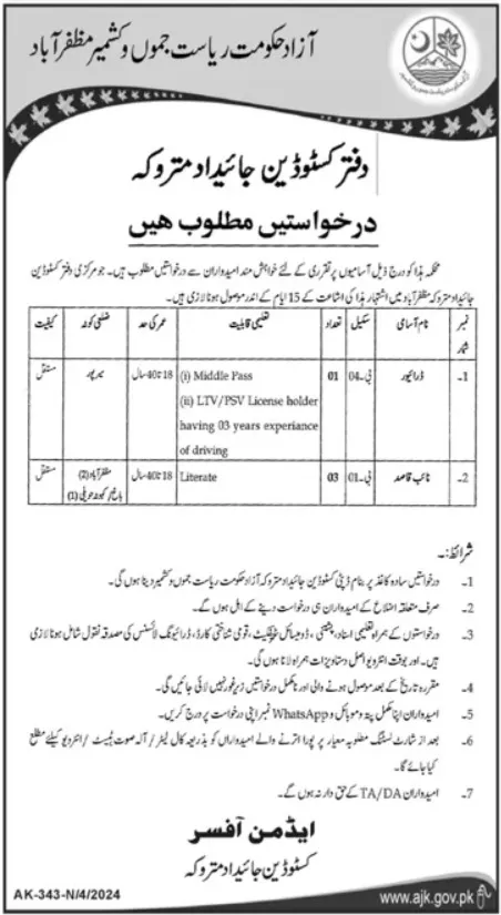 Custodian Evacuee Property AJK Jobs 2024 – Govt of Azad Kashmir Jobs 2024 — original advertisement