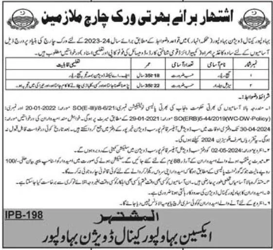 Canal Division Bahawalpur Punjab Jobs 2024 – Irrigation Department Punjab Jobs 2024 — original advertisement