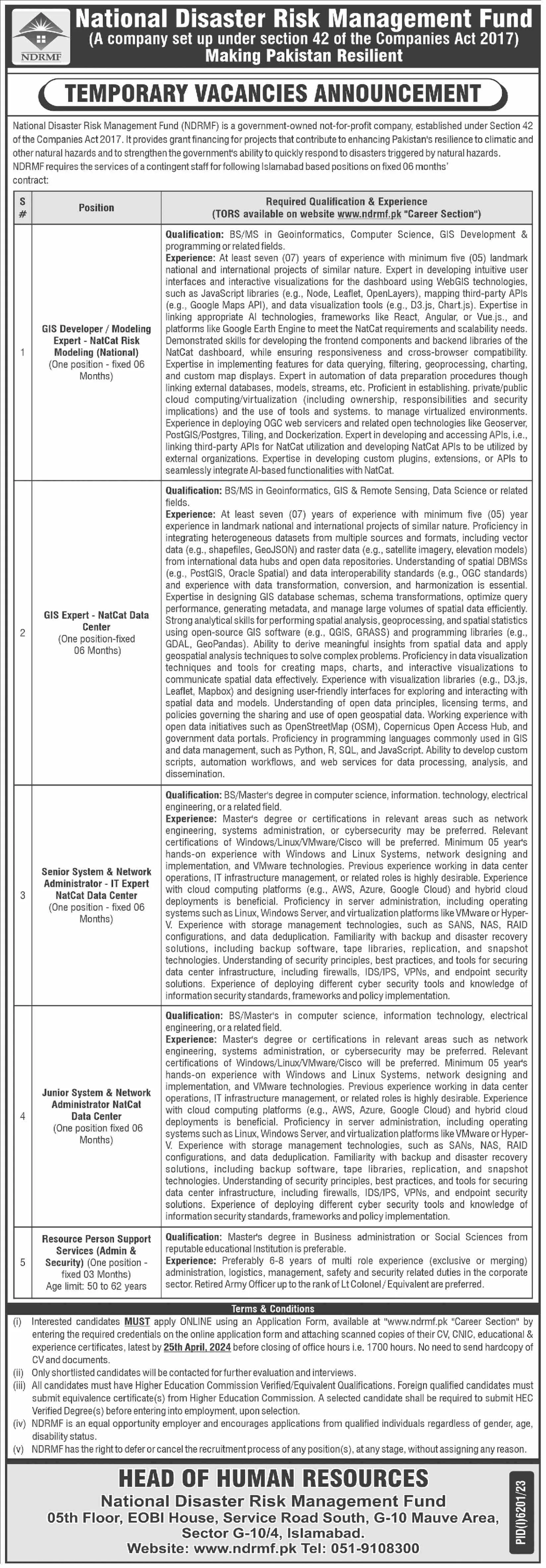 National Disaster Risk Management Fund Islamabad Jobs 2024 – National Disaster & Risk Management Fund Jobs 2024 — original advertisement