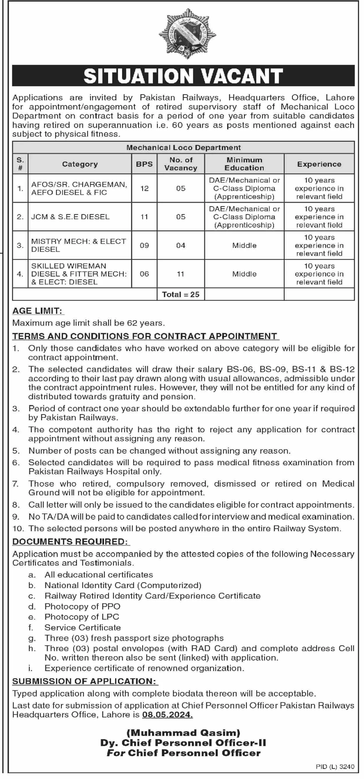 Pakistan Railways Lahore Jobs 2024 – Ministry of Railways Islamabad Jobs 2024 — original advertisement