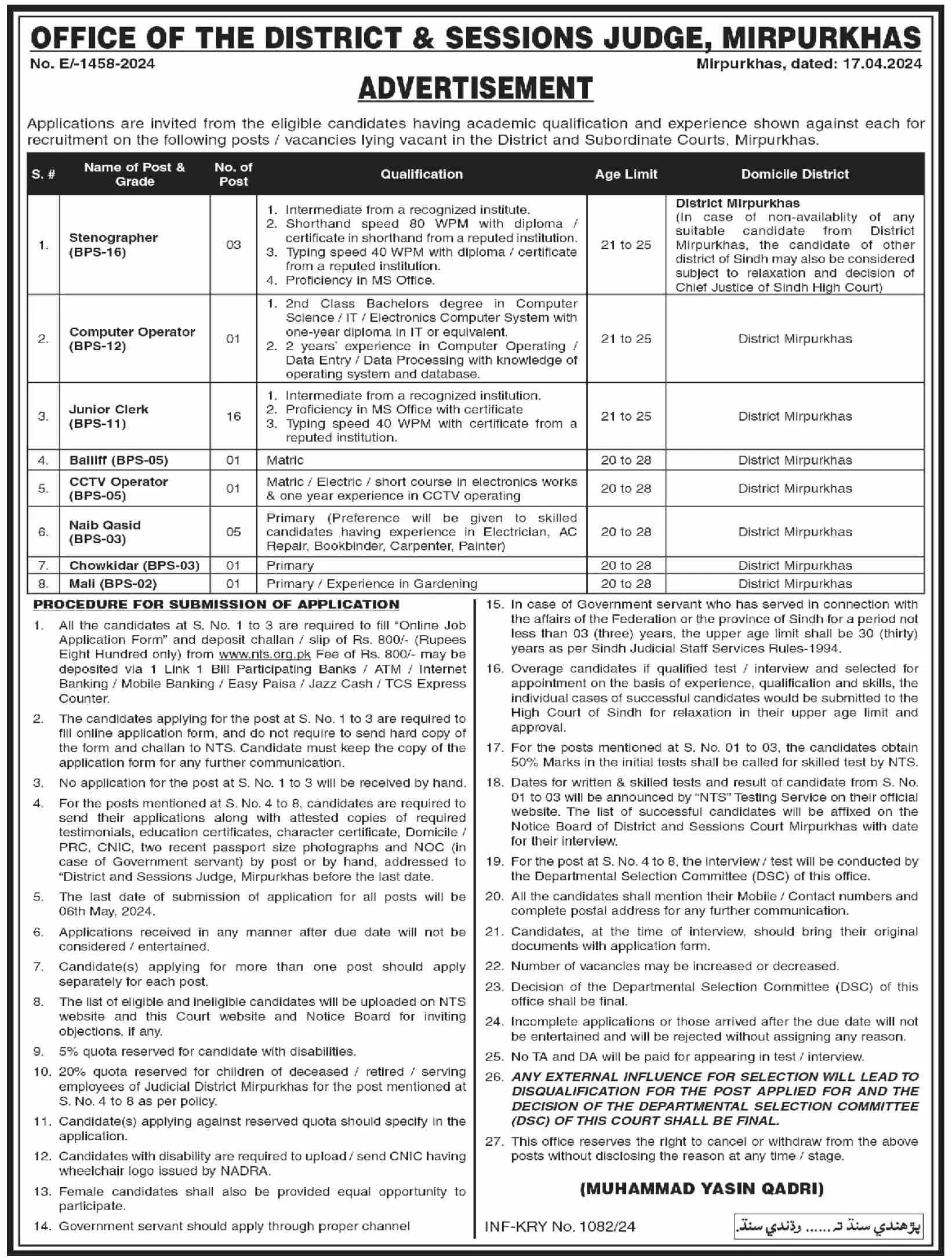 District & Session Judge Mirpur Khas Jobs 2024 Jobs 2024 — original advertisement