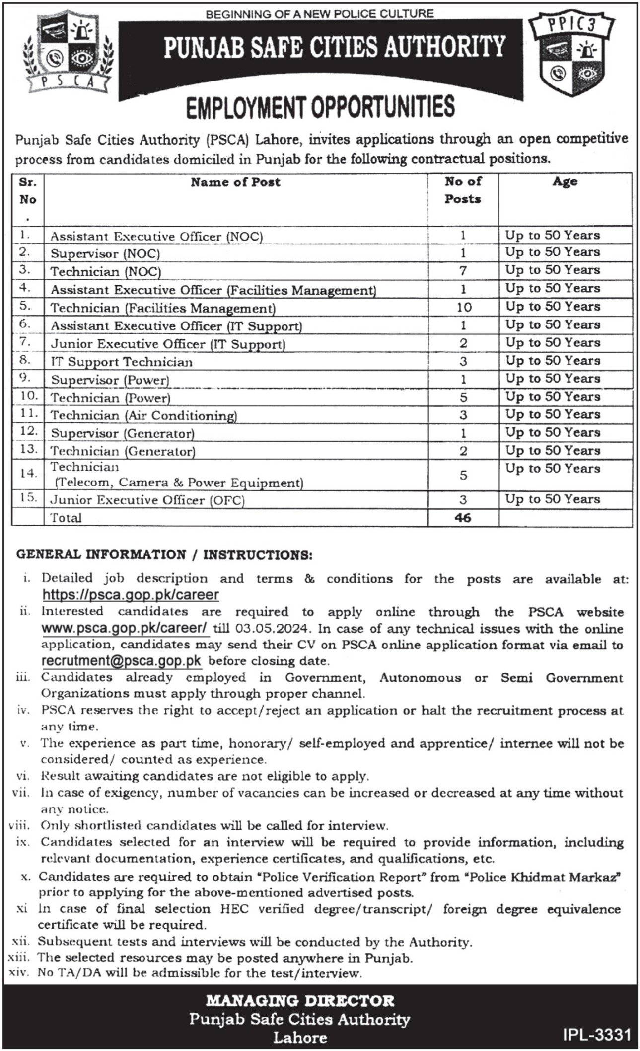 Punjab Safe Cities Authority PSCA Lahore Punjab Jobs 2024 Jobs 2024 — original advertisement