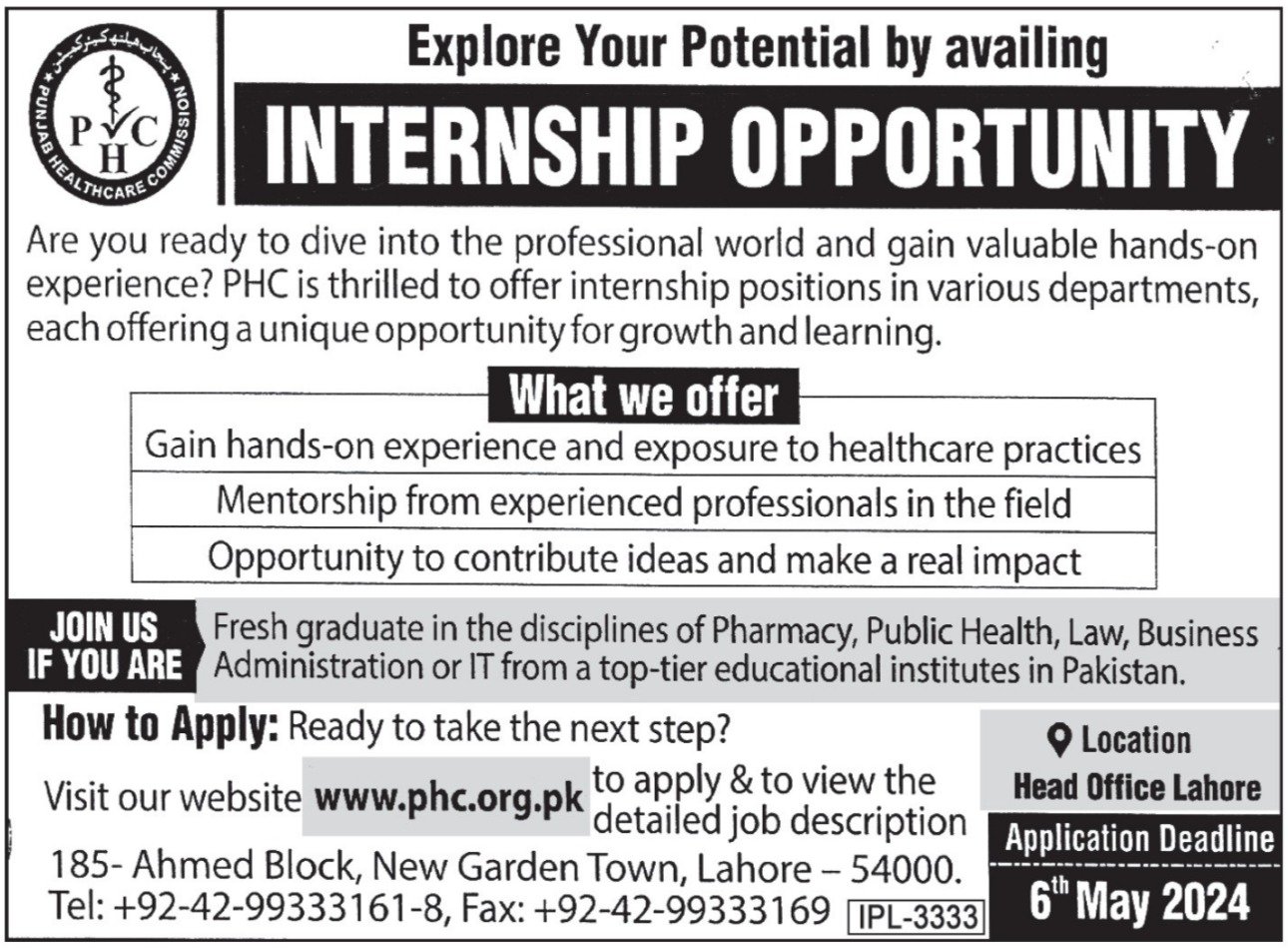 Intrernship Positions At The Punjab Healthcare Commission – Punjab Healthcare Commission PHC Jobs 2024 — original advertisement