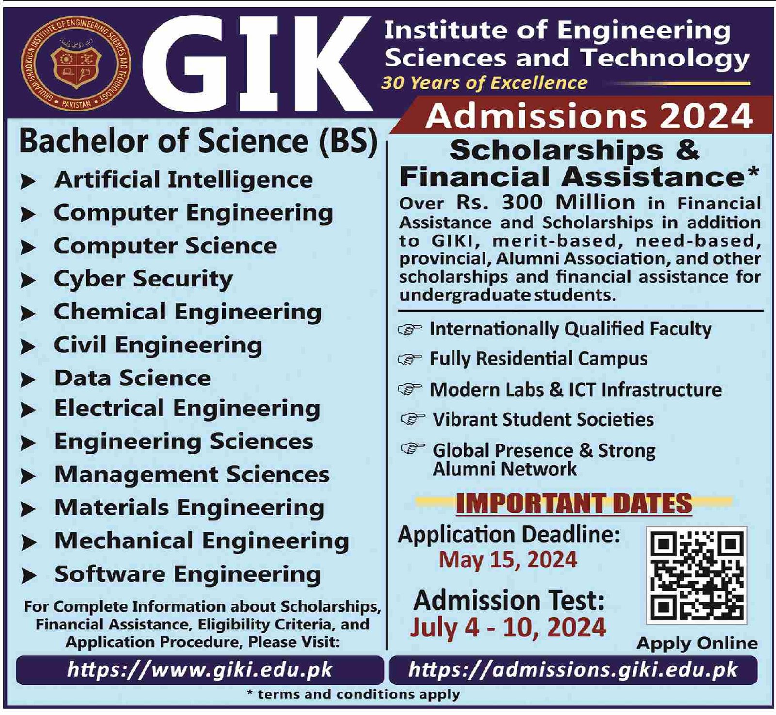 Admission Ghulam Ishaq Khan Institute of Engineering Science – Ghulam Ishaq Khan GIK Institute of Engineering Sciences and Technology Swabi Admissions 2024 — original advertisement