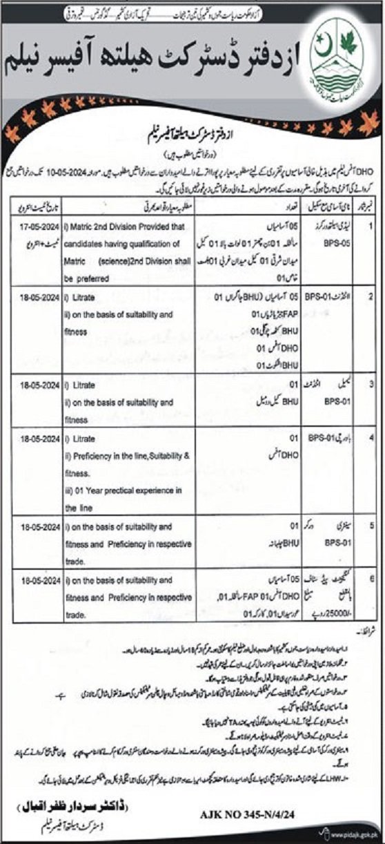 District Health Officer Neelum Valley Jobs 2024 – Health Department Azad Jammu Kashmir Jobs 2024 — original advertisement