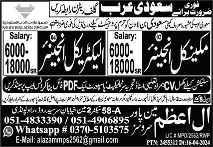 Mechanical Engineer & Electrical Engineer Jobs 2024 – Al Azam Manpower Services Jobs 2024 — original advertisement