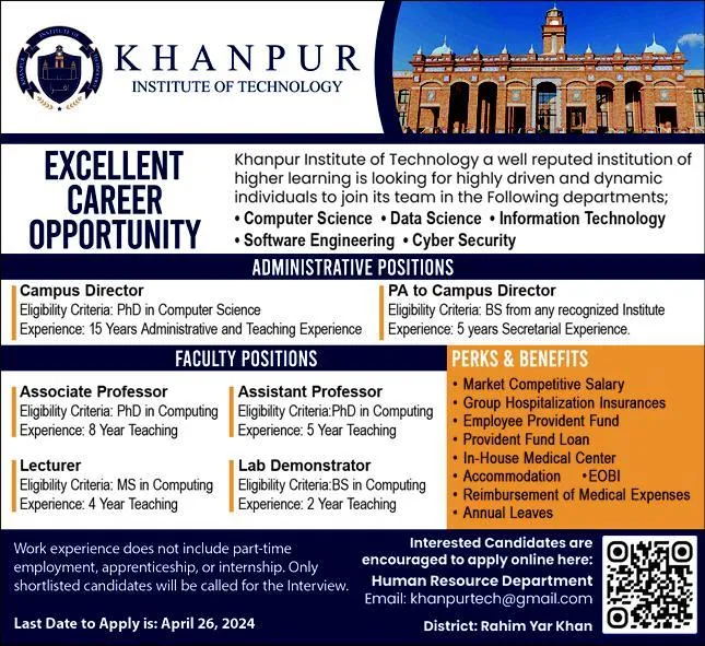Khanpur Institute Of Technology Rahim Yar Khan Jobs 2024 – Cadet College Khanpur Rahim Yar Khan Jobs 2024 — original advertisement