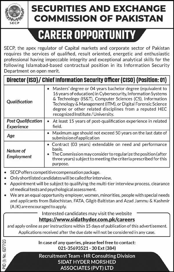 Securities And Exchange Commission Islamabad Jobs 2024 – Securities & Exchange Commission of Pakistan Jobs 2024 — original advertisement