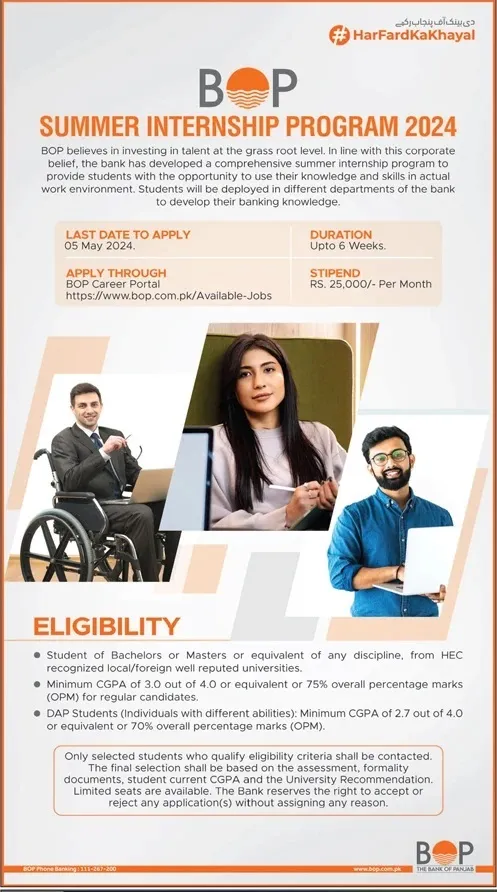The Bank Of Punjab BOP Lahore Internship Program 2024 Jobs 2024 — original advertisement