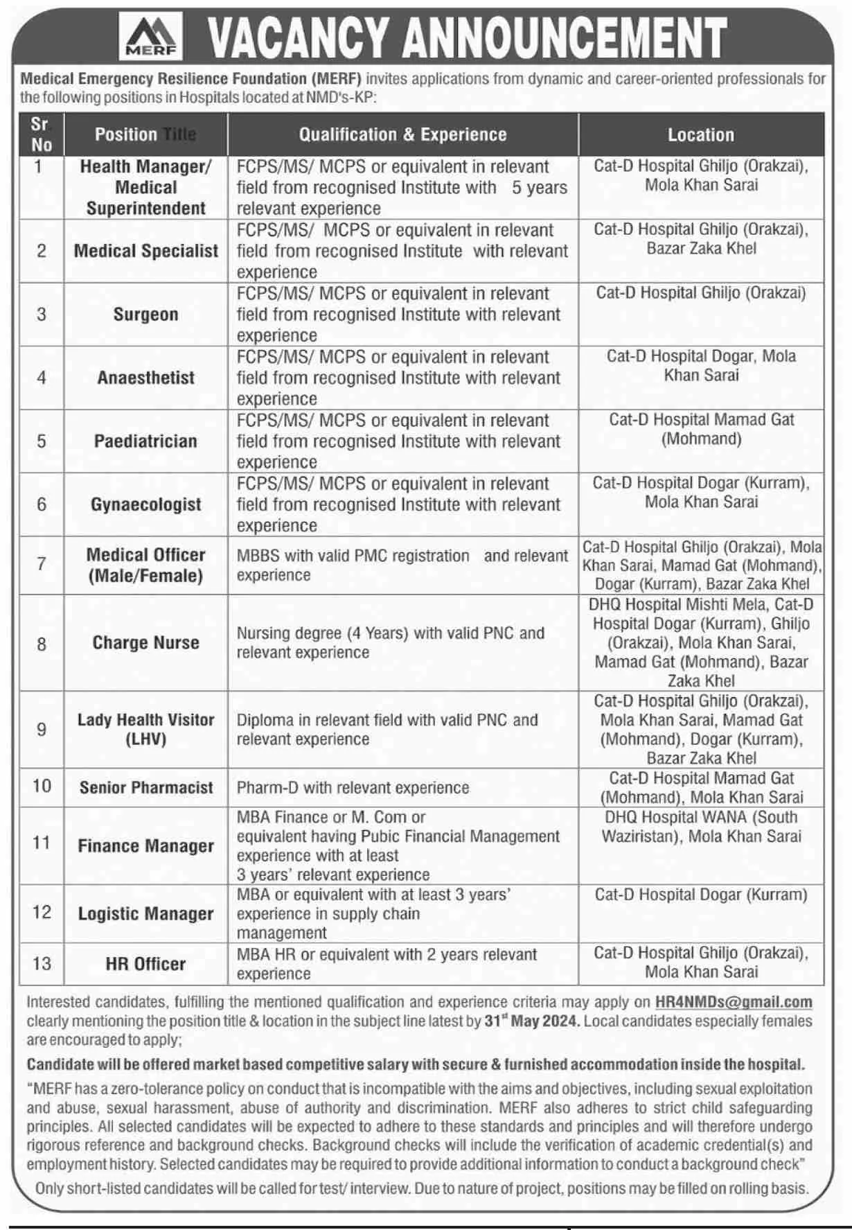 Medical Emergency Resilience Foundation (MERF) Jobs  2024 – Medical Emergency Resilience Foundation (MERF) Pakistan Jobs 2024 — original advertisement