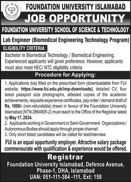 Foundation University of islamabad Jobs 2024 – Foundation University islamabad Jobs 2024 — original advertisement