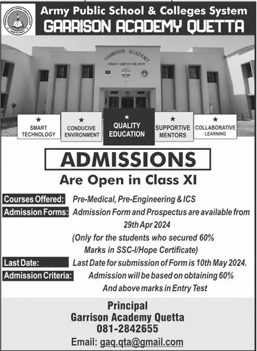 Admission Open in Army Public School And College System – Army Public School & College Paksitan Admissions 2024 — original advertisement