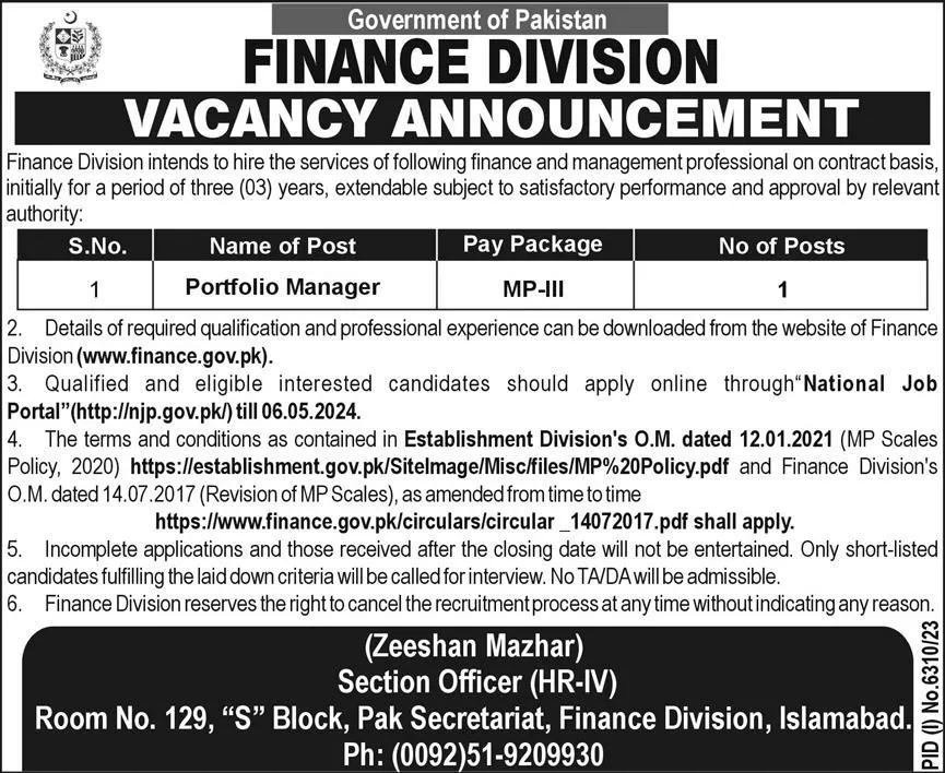 Finance Division Islamabad Jobs 2024 Jobs 2024 — original advertisement