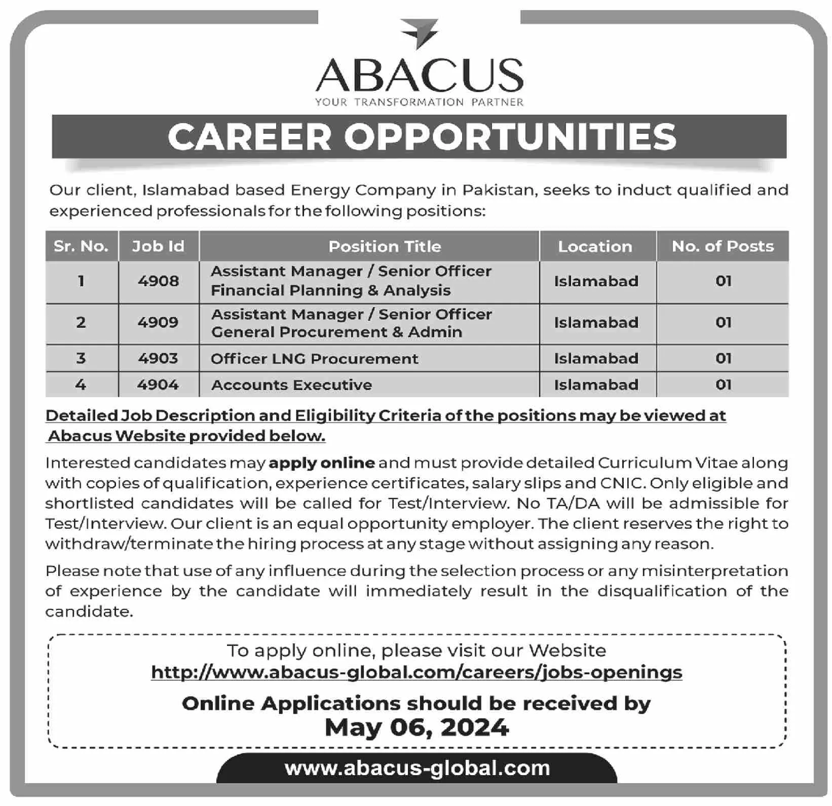 Abacus Global Islamabad Jobs 2024 – Private Company Jobs 2024 — original advertisement