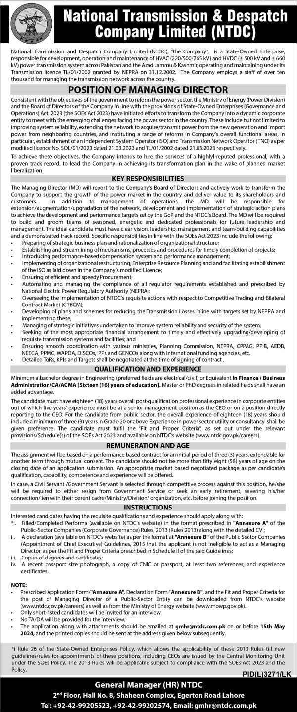 National Transmission & Despatch Company Jobs 2024 – National Transmission & Despatch Company NTDC Jobs 2024 — original advertisement
