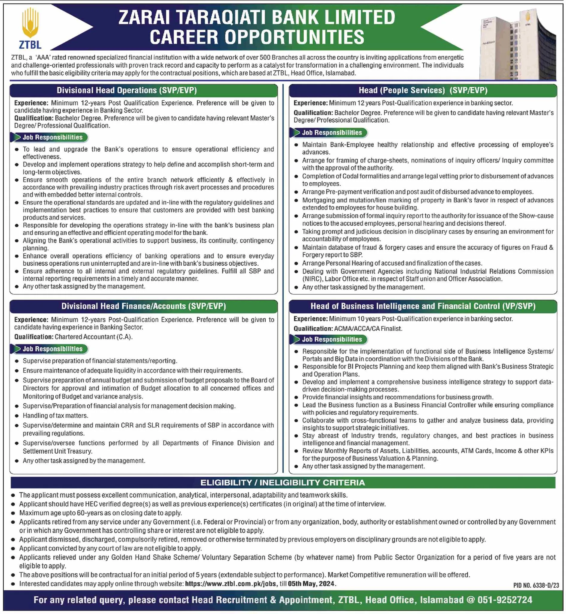 Zarai Taraqiati Bank Limited ZTBL Islamabad Jobs 2024 Jobs 2024 — original advertisement