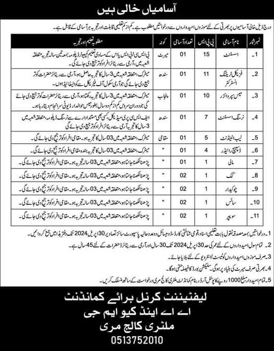 Military College Murree Punjab Jobs 2024 Jobs 2024 — original advertisement
