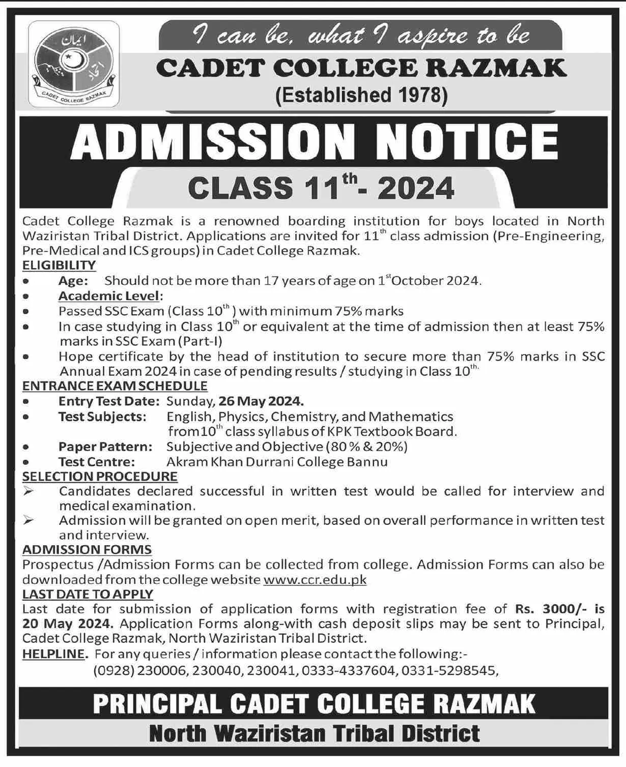 Admissions Open in Cadet College Razmak 2024 Admissions 2024 — original advertisement