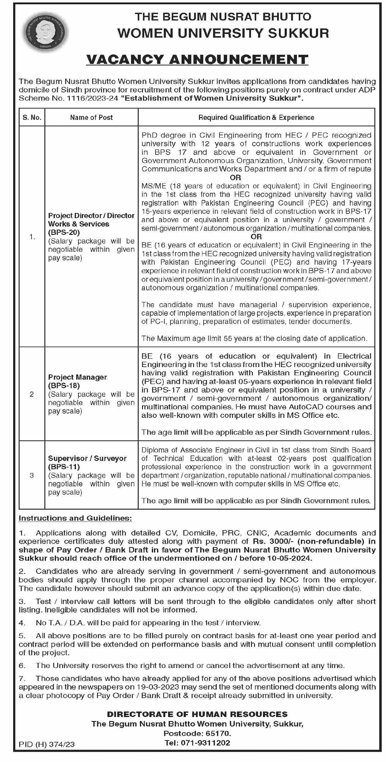 The Begum Nusrat Bhutto Women University Sukkur Jobs 2024 Jobs 2024 — original advertisement
