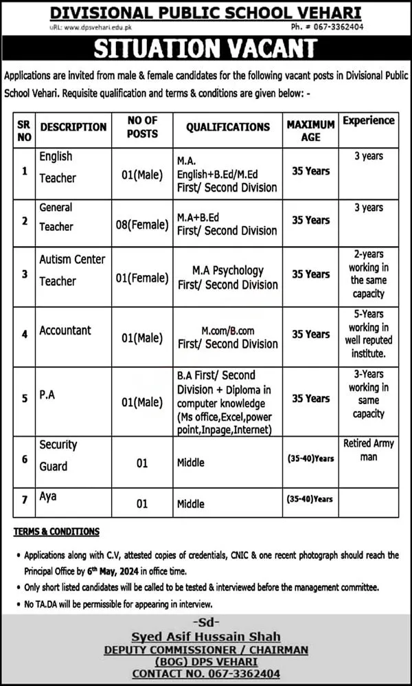 Divisional Public School Vehari Punjab Jobs 2024 – Divisional Public School and College Jobs 2024 — original advertisement