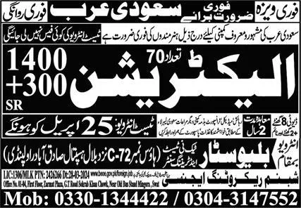 Electrician Jobs Open In Saudi Arabia 2024 – Blue Star Techni Test & Training Center Jobs 2024 — original advertisement