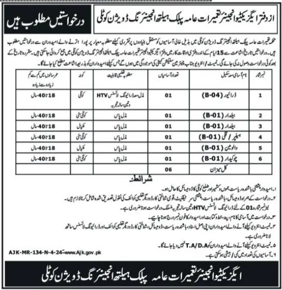 Public Health Engineering Division Kotli Jobs 2024 – Health Department Azad Jammu Kashmir Jobs 2024 — original advertisement