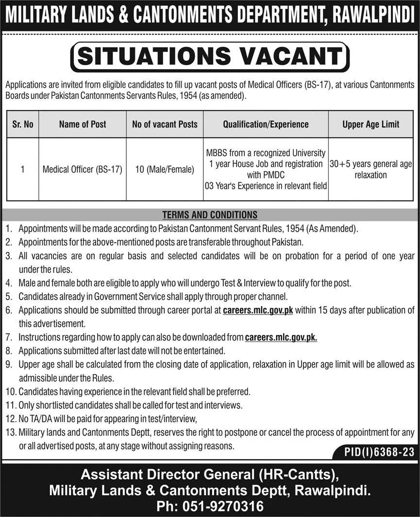 Military Lands And Cantonment Department Rawalpindi Job 2024 – Cantonment Board Jobs 2024 — original advertisement