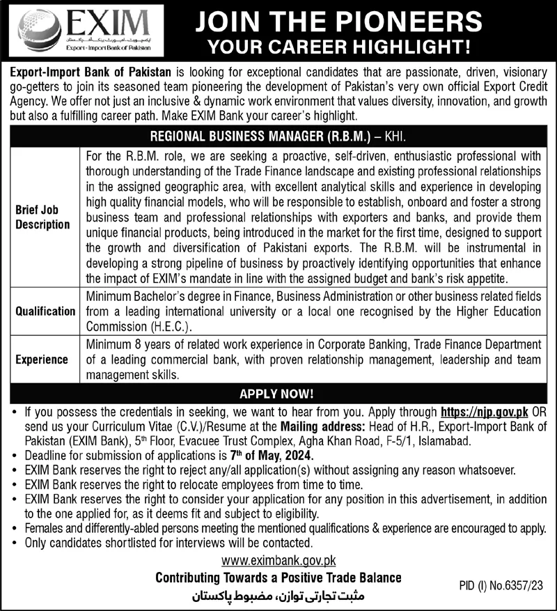Exim Import Bank of Pakistan Islamabad Jobs 2024 – EXIM Bank of Pakistan Jobs 2024 — original advertisement