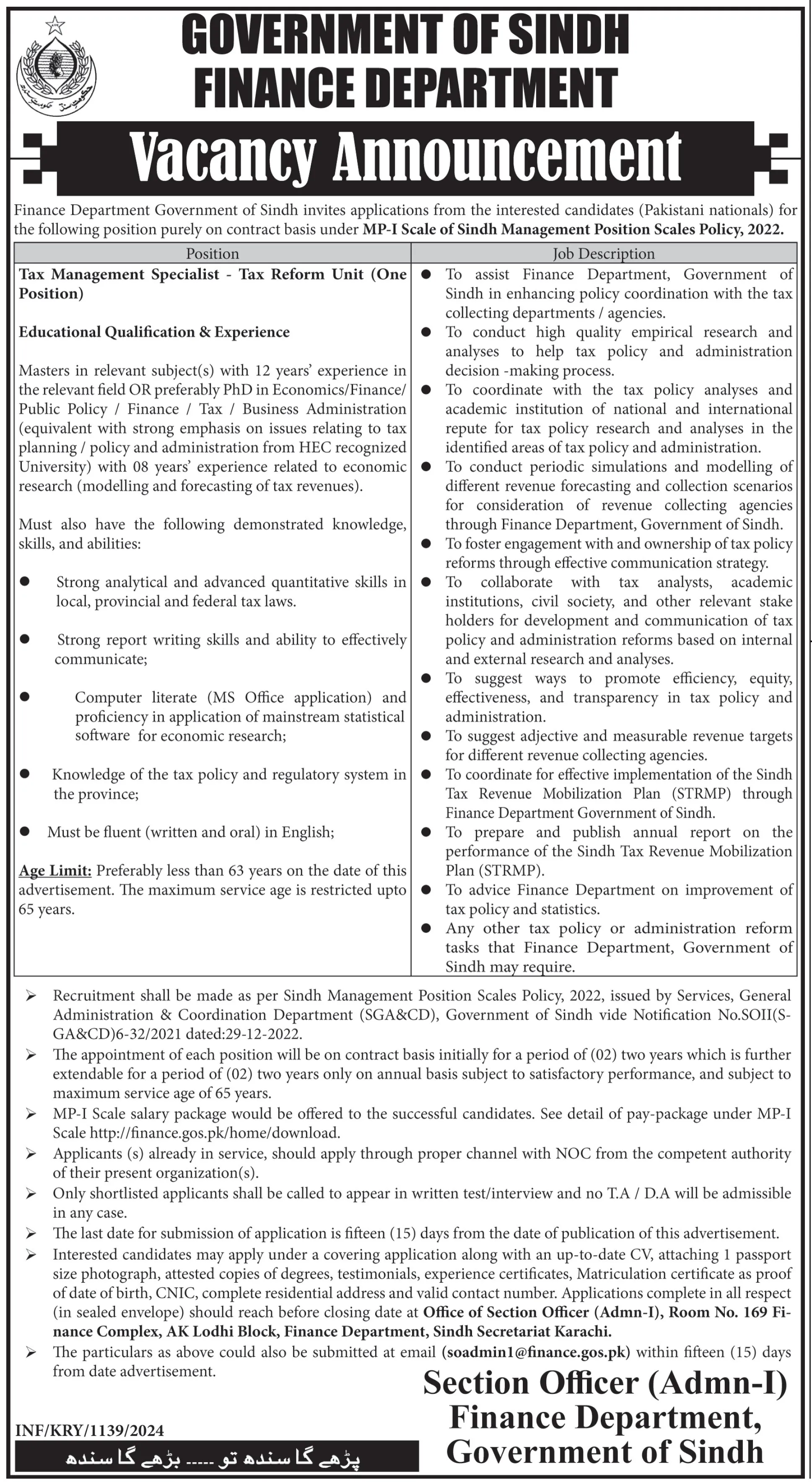 Finance Department Sindh Karachi Jobs 2024 – Finance Department Govt of Sindh Jobs 2024 — original advertisement